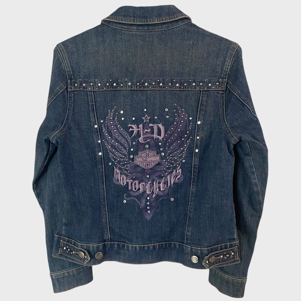Y2K Harley-Davidson Embroidered Jean Jacket Women's Small Rhinestone Studded - Picture 4 of 14
